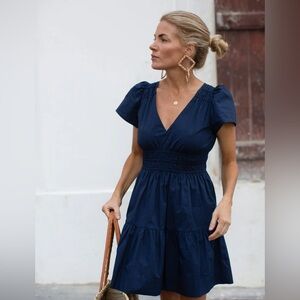 Women's Navy V-Neck Smocked Waist Mini Dress